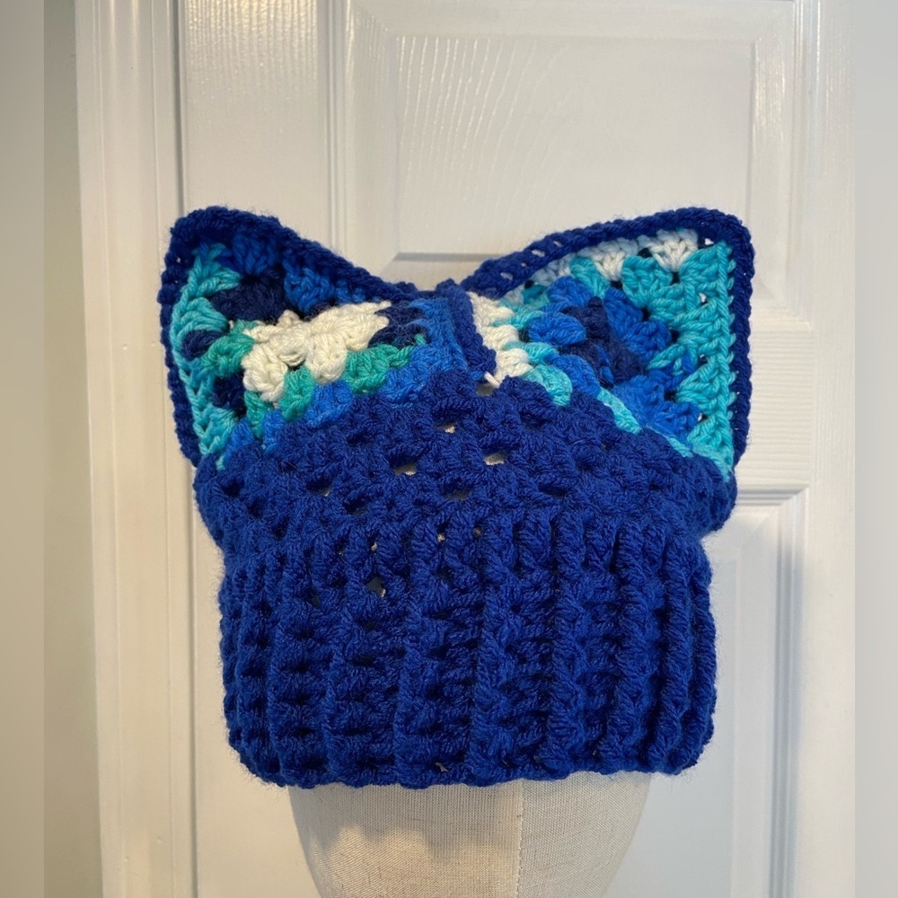 Handmade Crochet Cat Animal Ear Beanie Hat Cozy Ribbed Brim Stretch Winter Hat